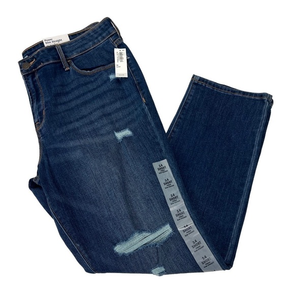 NWT Old Navy Women Power Slim Straight Blue Jeans Sz 14 Short Distressed Stretch - Picture 5 of 16